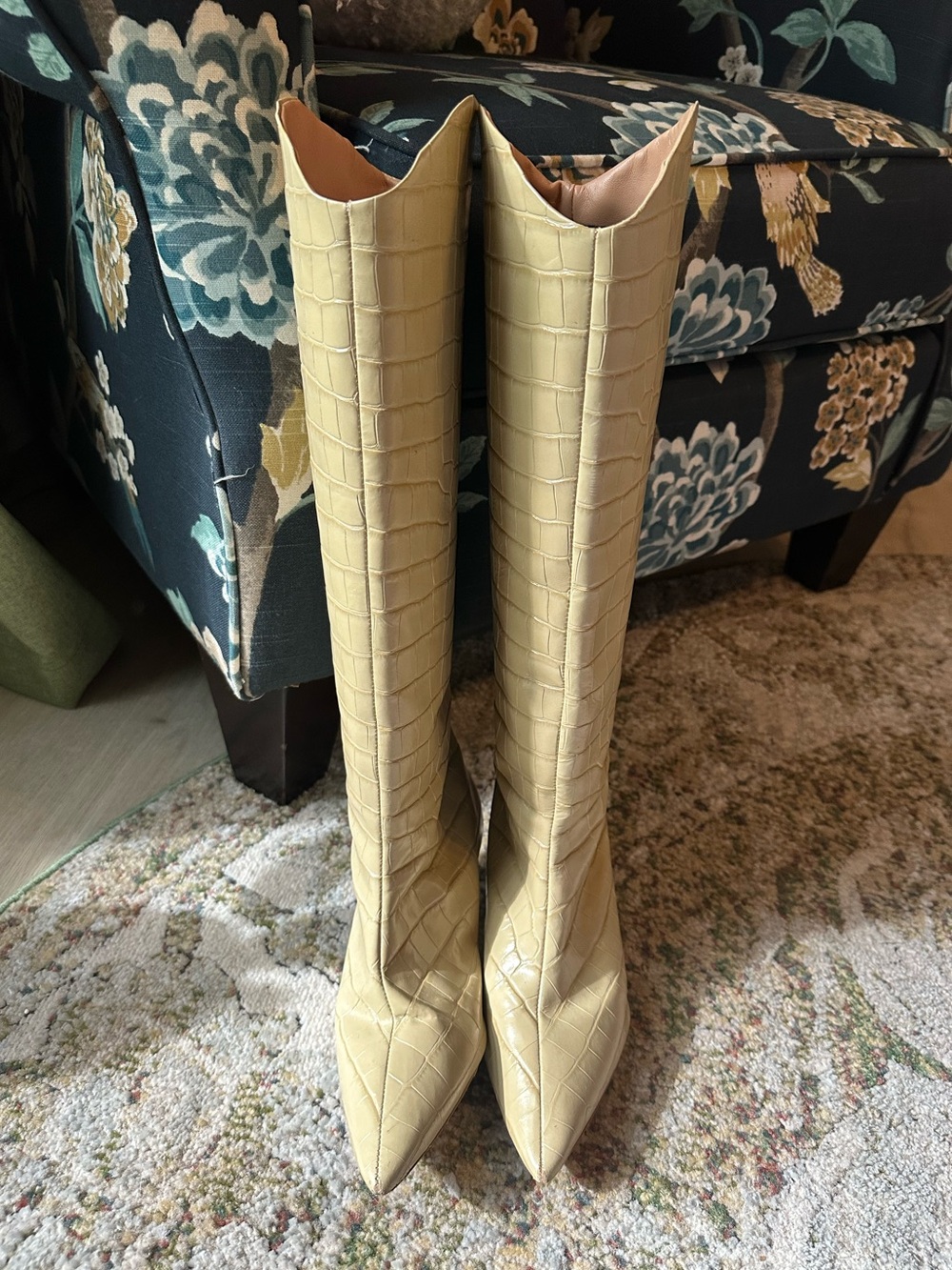 Knee-High Croc-Embossed Kitten Heel Boot in Cream - Picture 4 of 5